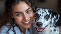 Young Mediterranean woman with dark curly hair embracing happy Dalmatian dog, both looking at camera with bright genuine smiles. Close-up portrait showing joy and bond.
