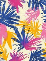 Vibrant tropical palm leaves in pink, blue and yellow create dynamic seamless pattern on light background. Abstract floral motif for summer fashion and home decor.