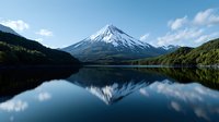 Majestic snow-capped mountain peak reflected in calm lake waters surrounded by forested slopes, creating mirror-like symmetry against blue sky and white clouds.