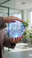 Businessman hands protecting holographic digital sphere with business strategy icons in modern office environment for corporate planning presentations.