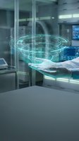 Scientist hand displaying holographic data visualization in modern laboratory with glowing green digital interface for medical research and innovation.