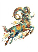 Ornate leaping ram with swirling gold, teal, and red patterns, isolated on transparent background. Great for zodiac clipart, stickers, t-shirt design, and print on demand.
