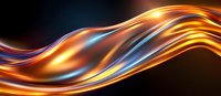 Luminous flowing waves of gold and blue light create dynamic abstract background with smooth metallic curves against dark backdrop. Suitable for luxury designs.