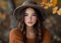 Young woman in brown knit sweater and woven hat with autumn leaves background. Cozy fall fashion portrait for seasonal marketing campaigns.