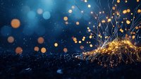 Glowing golden sparks and light trails against dark blue background with bokeh effect create magical atmospheric scene for festive designs and celebrations.