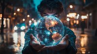 Young man holding glowing digital Earth globe with illuminated continents in night city street with bokeh lights.
