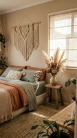 Boho bedroom interior with macrame wall decor, sage green and terracotta bedding, pampas grass, and warm natural light through linen blinds.