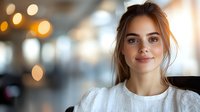 Young Caucasian woman with natural makeup and messy bun hairstyle smiling at camera against blurred bokeh background with warm lighting effects.