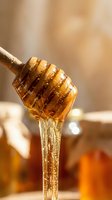 Golden honey dripping from wooden dipper with warm bokeh background showcasing natural sweetness and organic food preparation in kitchen setting.