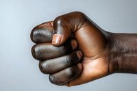 Close-up of African American male fist against light background showing strength, power, and determination, representing unity, protest or resilience.