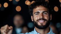 Happy young Middle Eastern man with curly hair and beard smiling at camera with warm bokeh lights in background for lifestyle and celebration content.