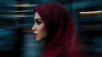Middle Eastern woman wearing red hijab in profile against blurred urban background, dramatic lighting and moody atmosphere creates striking portrait.