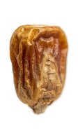 Single dried date fruit isolated on white background showing natural wrinkled texture and golden brown color for healthy snacking and cooking ingredients.