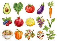 Assorted fresh vegetables and fruits including avocado, lettuce, tomato, eggplant, carrot, berries, pomegranate, lemon, grapes, cereal bowl, bell pepper, nuts and herbs isolated on white background for culinary, recipe and healthy eating designs.