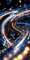 Abstract curved light trails in blue and gold colors with glowing particles and bokeh effects create dynamic motion on dark background. Suitable for tech designs.