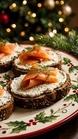 Festive smoked salmon appetizers on seeded bread with cream cheese and dill garnish served on holiday plate with Christmas tree lights bokeh background.