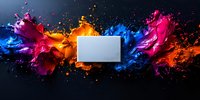 Blank white rectangle card mockup with colorful paint splash explosion effect on dark background, dynamic liquid ink motion in pink, orange and blue.