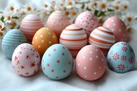 Decorated Easter eggs in pastel colors with polka dots, stripes and floral patterns arranged on white fabric with spring daisies in background.