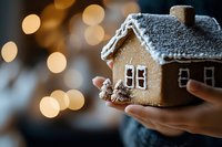 Homemade gingerbread house decorated with powdered sugar snow on roof held in hands against blurred golden bokeh lights creating magical holiday atmosphere.