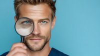 Caucasian man with blue eyes and beard holding magnifying glass over eye against turquoise background, concept of search, investigation, and detailed examination.