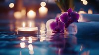 Purple orchid flowers and glowing candle on water surface with bokeh lights creating tranquil spa atmosphere. Wellness and relaxation concept.