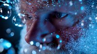 Close up portrait with water drops and blue bokeh lights creating magical atmosphere, focusing on eye and nose detail in dramatic lighting and ethereal effect.