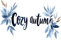 Elegant watercolor lettering "Cozy autumn" with blue and brown leaves arrangement, perfect for seasonal greeting cards and fall decor.