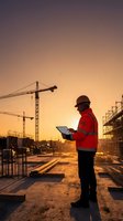 Construction worker in safety gear reviewing plans at sunset building site with cranes and scaffolding for project management and development.