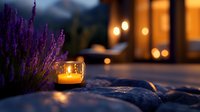 Purple lavender flowers next to glowing candle in glass jar at dusk, creating romantic atmosphere with soft bokeh lights and stone decoration in garden.