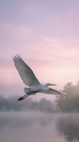 Elegant white egret soaring gracefully over misty lake at dawn with soft pink purple sky creating serene wildlife scene for nature photography and design.