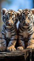 Two adorable tiger cubs sitting together on wooden log, looking directly at camera with bright blue eyes and distinctive striped fur patterns.