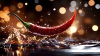 Fresh red chili pepper splashing in water with golden bokeh lights creating dramatic culinary atmosphere on dark background.