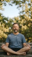 Middle-aged man with beard meditating outdoors on wooden bench, eyes closed in peaceful pose with autumn foliage background, suitable for wellness and mindfulness content.