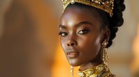 Elegant African woman wearing ornate golden crown and jewelry with regal expression and warm lighting for luxury fashion and beauty concepts.
