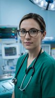 Professional female doctor with glasses and stethoscope in green scrubs standing in modern hospital operating room with medical equipment background.