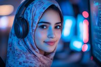Young woman in hijab wearing wireless headphones smiles warmly against blurred neon city lights background creating atmospheric evening mood in blue tones.