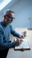 Mature man with gray beard and glasses writing in notebook at desk with lamp and coffee cup, focused on planning or note-taking work.