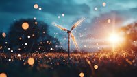 Wind turbine silhouette against dramatic sunset sky with golden bokeh lights and grass in foreground, representing sustainable energy and environmental conservation.