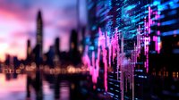 Financial market data visualization with city skyline silhouette at sunset, showing glowing pink and blue trading charts, stock analysis graphs and bokeh lights.
