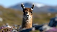 Portrait of brown llama with alert ears against blurred mountain landscape and purple wildflowers, looking directly at camera with characteristic gentle expression.