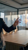 Businessman touching holographic digital interface with futuristic technology elements in modern office environment for innovation and connectivity concepts.
