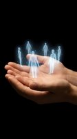 Cupped hands holding glowing holographic human figures representing team management, leadership, and human resources concepts on black background.