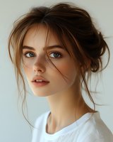 Young Caucasian woman with natural makeup, messy updo hairstyle and loose strands framing face, wearing white basic t-shirt against light background. Soft daylight portrait.