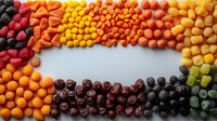 Colorful gradient arrangement of sweet candies and chocolate balls creating rainbow arc shape on white background, food art composition for confectionery design.