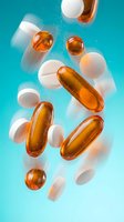 Orange gel capsules and white pills floating on turquoise background with soft shadows. Pharmaceutical supplements, vitamins, healthcare concept for medical design.