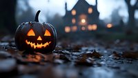 Glowing carved pumpkin with classic jack-o-lantern face on autumn ground with fallen leaves, spooky haunted house silhouette in misty background at dusk.