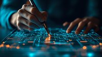 Close-up view of hands working on glowing electronic circuit board with soldering iron against dark background with blue and orange lighting effects.