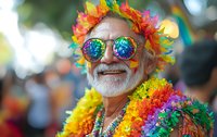 Senior man with white beard wearing colorful rainbow lei, flower crown and kaleidoscope glasses smiling at summer festival, expressing joy and celebration spirit.
