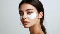 Young woman with dark hair wearing under-eye patches during beauty skincare routine against light background, fresh natural makeup look and glowing skin.