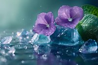 Purple viola flowers with water drops on crystal ice cubes against blurred turquoise background, creating magical spring atmosphere with sparkling reflections.